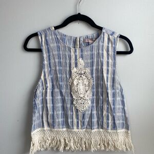 Forever 21 Blue and Cream Bohemian Crochet Tank